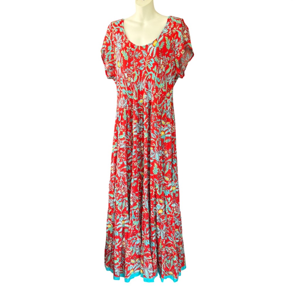 Soft Surroundings XL Kara Maxi Midi Dress Tiered Floral Red Teal - Picture 3 of 12
